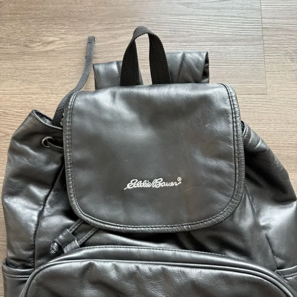 Vintage Eddie Bauer Cowhide Leather Black Stitched‎ Backpack Unisex EUC